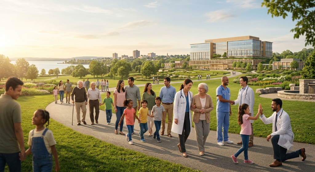 Diverse community walking through a wellness campus