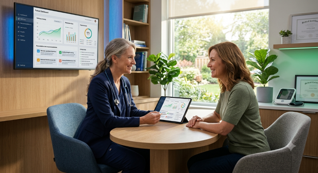 Physician reviewing personalized care plan with patient on tablet